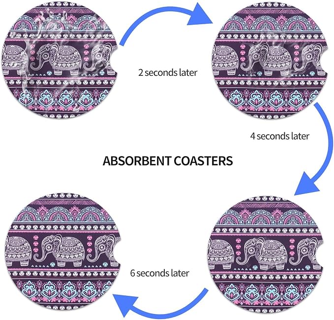 Small 2.56" Absorbent Car Coasters 2 Pack, Auto Cup Holder Accessories, Ceramic Coasters Absorb Spills to Keep Cupholders Clean (Purple Elephant)