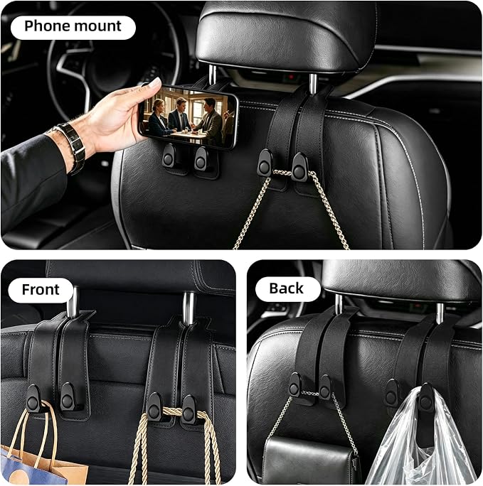 Car Purse Hook 2 Pack Headrest Hooks for Car, Luxurious Leather Material, Seat Back Storage Hook Multifunctional Car Seat Hooks Keep Car Tidy (Black)
