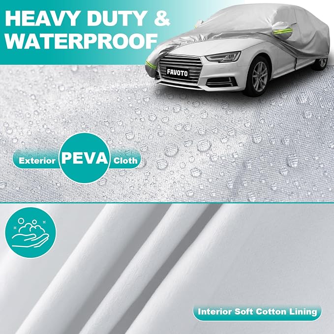 Favoto Sedan Car Cover Waterproof All Weather Heavy Duty Car Cover | Outdoor Automatic Car Covers with Air Vent Sun Snow Dust UV Protection Tearproof Cover Universal Fit for Sedan (185-193 in)