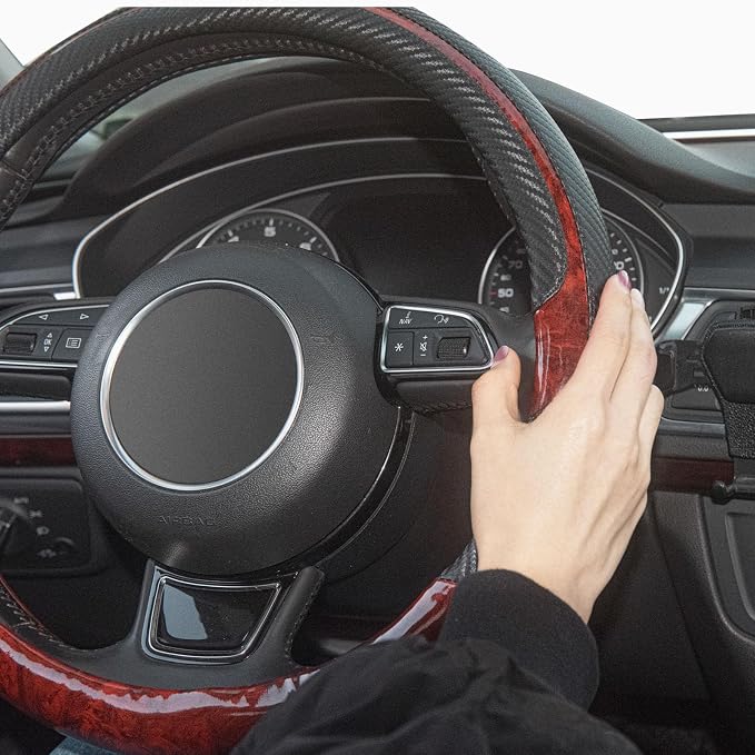 Wood Grain Steering Wheel Cover Red Universal Microfiber Leather, Suitable for 14 1/2-15 inch Comfortable Anti-Slip, Good Breathable and Odorless Car Steering Wheel Cover…
