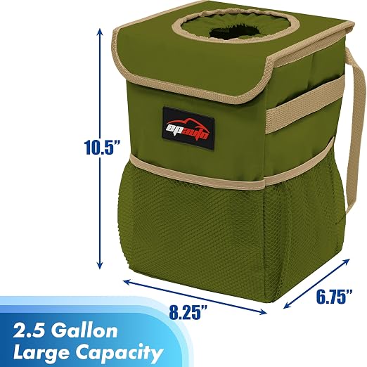 EPAuto Waterproof Car Trash Can with Lid and Pockets, 2.5 Gal, Green | Leakproof, Collapsible Multipurpose Car Bin with 3 Side Storage Pockets, Adjustable Straps