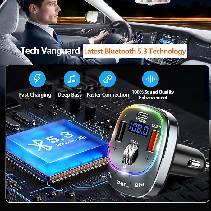 FM Transmitter Bluetooth 5.4 Wireless Radio Adapter Car Kit 48W (PD 30W & 18W) Light Switch Fast Charging Music Adapter LED Display Hands-Free Calling Support USB Drive (Grey)