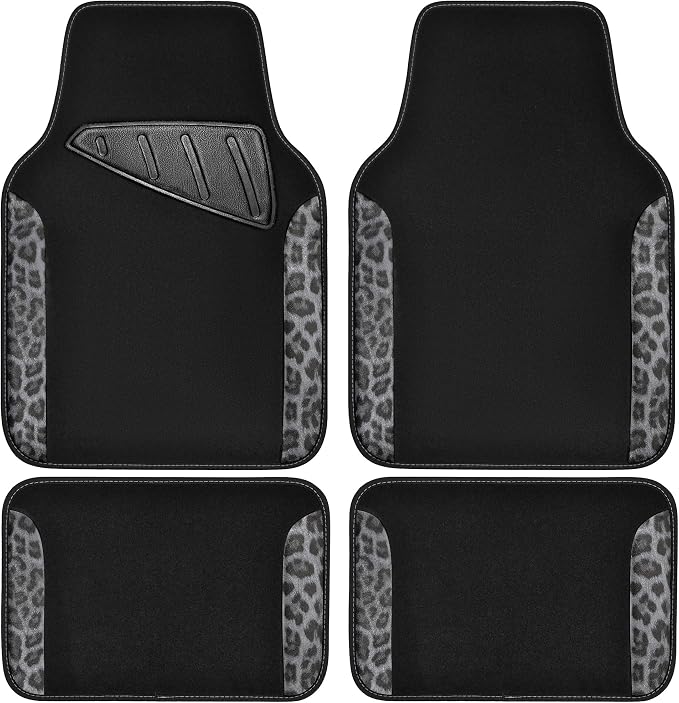 CAR PASS Waterproof Universal Car Floor Mats, Leopard Print Car Mats Fit for SUV,Vans,sedans, Trucks,Set of 4pcs Car Carpet with Driver Heel Pad and Nibs Backing, Leopard Car Accessories Gray Leopard