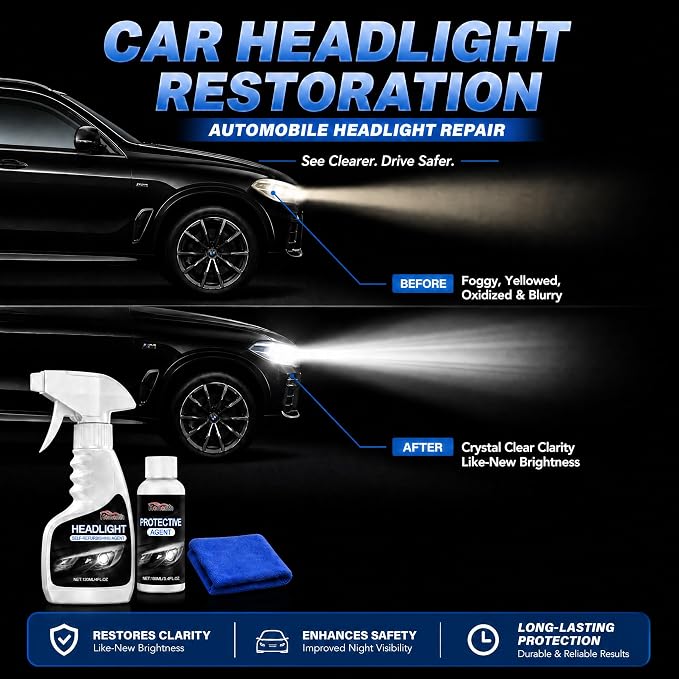 Fvquhvo Headlight Restoration Kit, Headlight Oxidation Remover with UV Protection Coating, Headlight Lens Restorer & Cleaner for Yellowing & Cloudy Lenses, Headlight Polishing Kit, Quick & Easy DIY