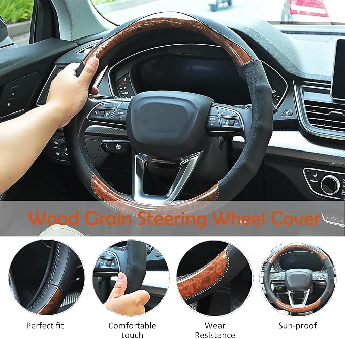 Wood Grain Steering Wheel Cover Car Steering Wheel Covers 14.5-15 inch with Coasters Microfiber Leather Splicing Breathable Anti-Slip Durable Universal Auto Steering Wheel Protective | Black and Wood Car Steering Wheel Covers Leather Microfiber Splicin...