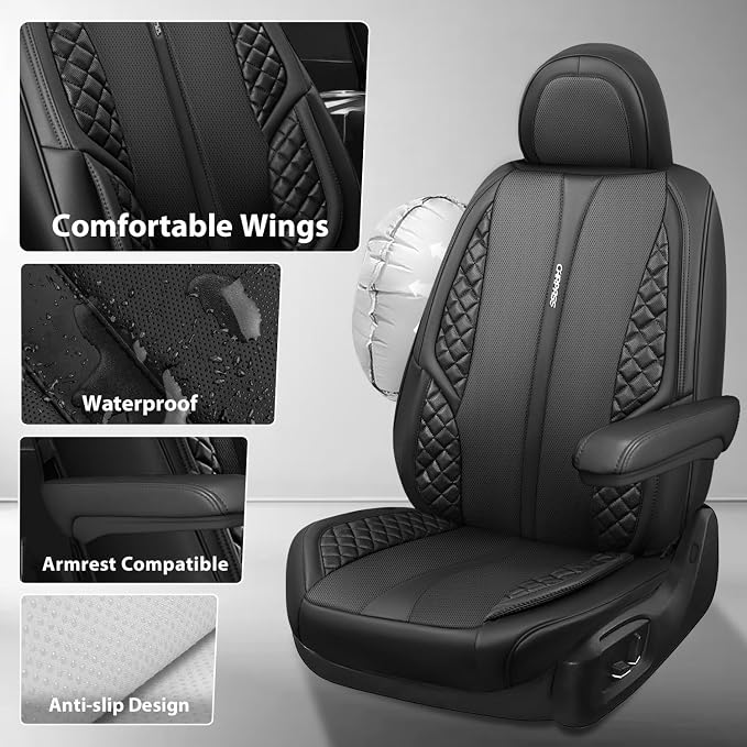 CAR PASS Nappa Leather Car Seat Covers Front Seats Only, Luxury PU Leatherette Seat Covers 2 Pack Waterproof Durable Car Seats Cushion Protector Universal Fit for Sedan SUV Pick-up Truck Van All Black