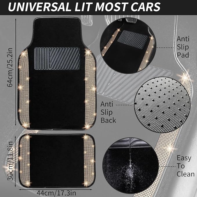 NBTEPEM Bling Car Floor Mats Full Set, Universal Fit Most Cars,SUV, Trucks, 4 pcs Sparkle Glitter Diamond Carpet for Women Girls with Anti-Slip Pad (Champagne Diamond)