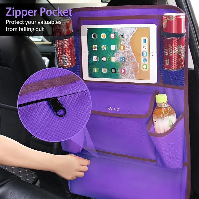LUCMO Car Backseat Organizer with Touch Screen Tablet Holder, Dark Purple | 9 Storage Pockets,Clear Tablet Holder,Protectors Kick Mats,Travel Accessories,Seat Cover,Road Trip Essentials