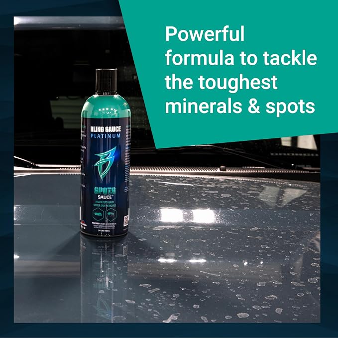 Bling Sauce Platinum Spots Sauce, Heavy-Duty Hard Water Spot Remover for Cars, Trucks, SUVs, 24oz. | Heavy duty mineral deposit remover clings to glass, chrome, paint and polished metal to dissolve hard water spots safely