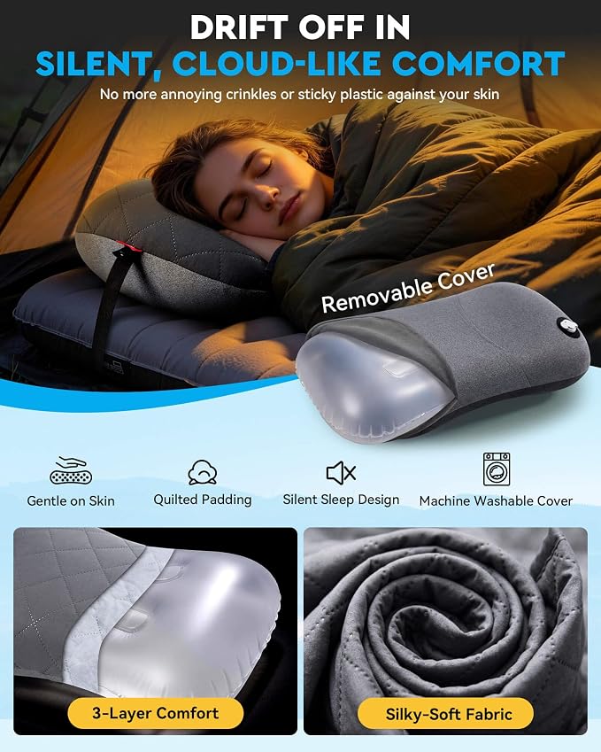 Hikenture Camping Pillow with Removable Cover, Ultralight Inflatable Pillow | Ergonomic Neck Lumber Support, Upgrade Leakproof Backpacking Pillow, Portable Packable for Hiking, Beach, Travel