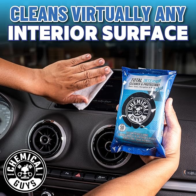 Chemical Guys, Total Interior Cleaner & Protectant Wipes, Multi-Use, 50 Ct | Multi-surface wipes clean dashboards, doors, seats and trim on the go, fifty per pack for quick interior touch-ups