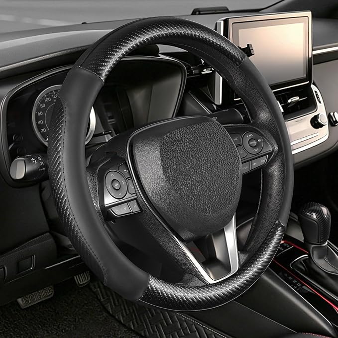 SEG Direct Car Steering Wheel Cover Standard Medium Size 14 1/2-15 inch, Non-Folding Packaging, Heavy Duty, Non-Slip, Black Microfiber Leather with Carbon Fiber Pattern