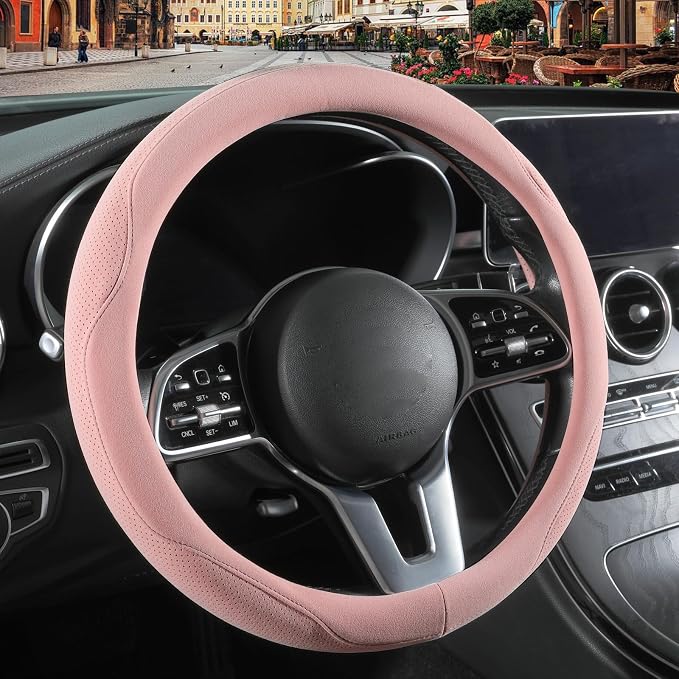 Pink Suede Steering Wheel Cover Universal 14.5 inch to 15 inch | Warm in Winter and Cool in Summer, Felt Car Accessories, Breathable Non-Slip Sweat-Proof Wear-Resistant