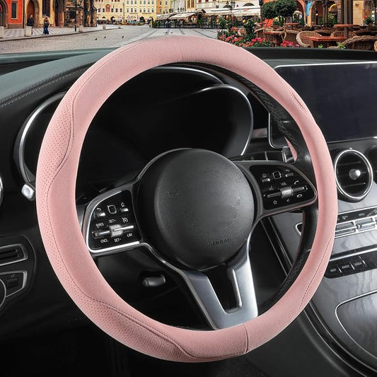 Pink Suede Steering Wheel Cover Universal 14.5 inch to 15 inch | Warm in Winter and Cool in Summer, Felt Car Accessories, Breathable Non-Slip Sweat-Proof Wear-Resistant