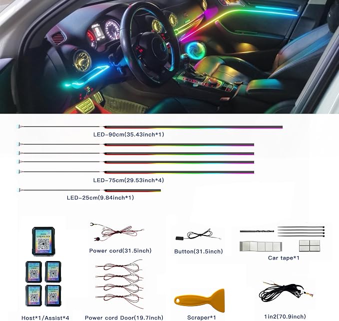 Acrylic Interior Car LED Strip Lights,dreamcolor 6-in-1 Car Ambient Lighting Kit, with APP Control, 622 LED Fiber Optic Strip Lights for Cars,Supports Neon Sync with Music DIY Mode.