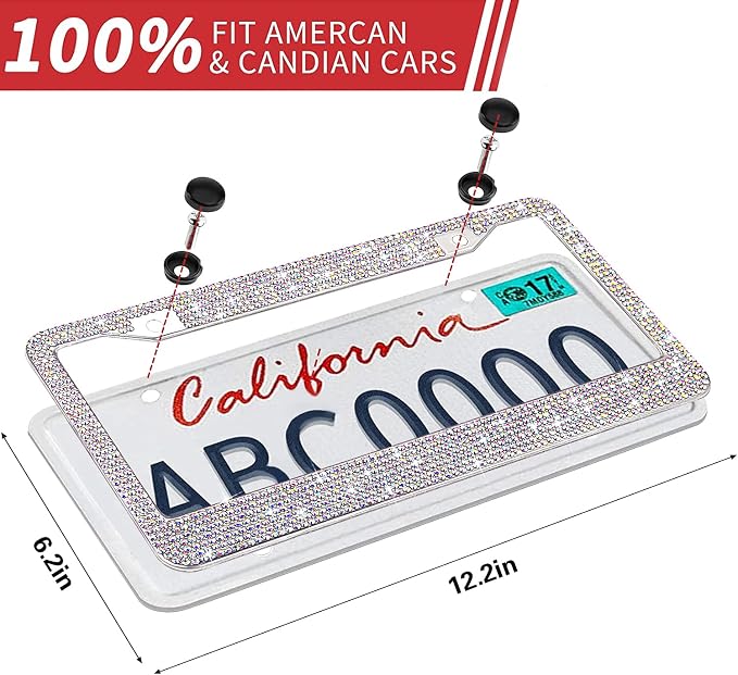 Bling License Plate Frame for Women, Sparkly Stainless Steel License Plate Frames| Over 1200 pcs 14 Facets Bedazzled Clear Glass Diamond Rhinestone Crystals w/Free Glitter Diamond 1PCS Box (Colorful)
