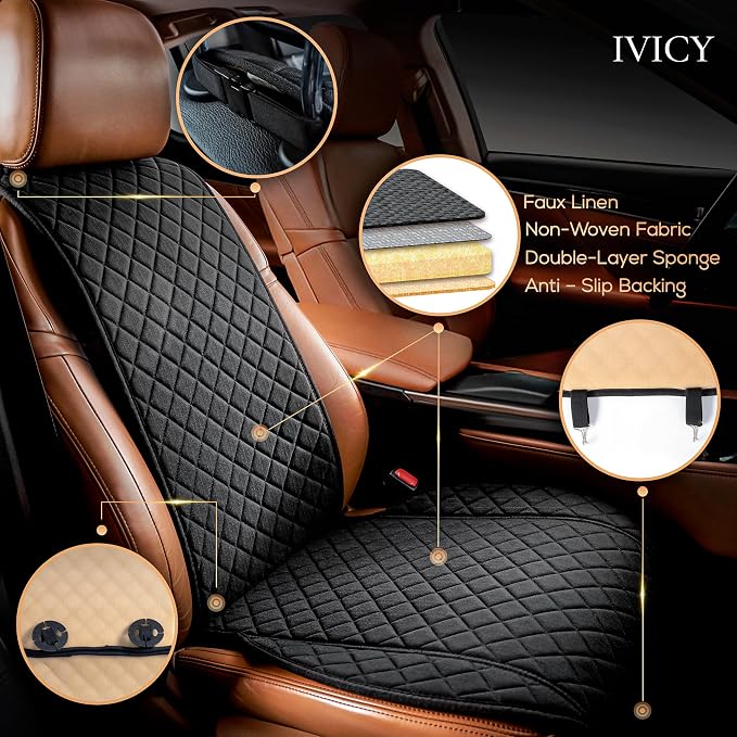 IVICY Faux Linen Front Car Seat Cover – Non-Slip Bucket Seat Protector for Most Cars, SUVs, Vans & Trucks – 1 Seat Cover, Machine Washable, Side-Airbag Friendly, Black