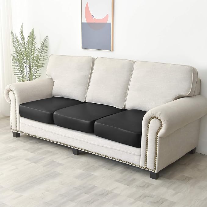 Yates Home PU Leather Couch Sofa Cushion Slipcover Water-Proof Elastic Chair RV Seat Covers Loveseat Sofa Furniture Protector Slip Cover for Settee Seater Replacement in Living Room（3 Pieces, Black）