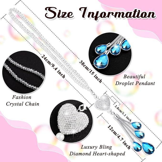 Frienda Bling Car Rear View Mirror Accessories for Women Gift Cute Heart Crystal Hanging Charm Diamond Decoration Lucky Interior Ornament Pendant(9.8 Inch,Blue)