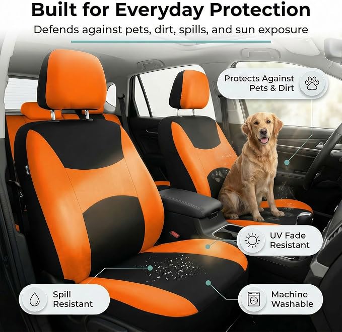 FH Group Universal Car Seat Covers Front Set for SUV Truck Sedan Vans | Waterproof All-Purpose Cloth Seat Cover Set Airbag Compatible Washable Split Bench Protector Interior Upgrade - Orange