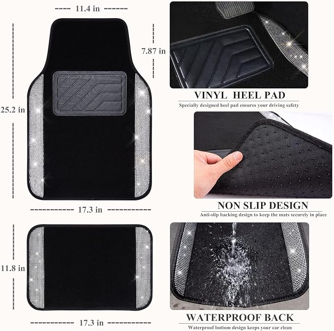 CAR PASS 11 PCS Bling Diamond Car Mats Set for Women Girls, Sparkly Rhinestone Steering Wheel Cover, Waterproof Floor Mats Universal Fit for SUV,Vans,Sedans,Trucks Anti-Slip, Interior Sets Silver