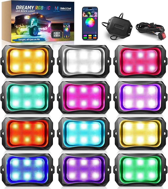 MICTUNING C2+ RGB+IC Chasing Color Ultra-Bright 12 Pods LED Rock Lights | Switch Wiring Kit, Extra Extensions, Aluminum Housing, IP68 Waterproof, Series/Parallel, Up to 24 Pods, Music Sync Mode