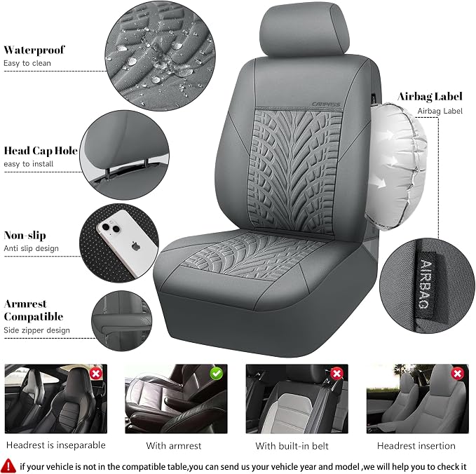 CAR PASS Neoprene Waterproof Seat Covers Full Sets, Wetsuit Car Seat Covers 5 Seats Universal Fit for Vans, Truck, SUV, 3D Tyre Embossed Seat Covers Anti Slip with Armrests, Aibag Compatible(All Gray)