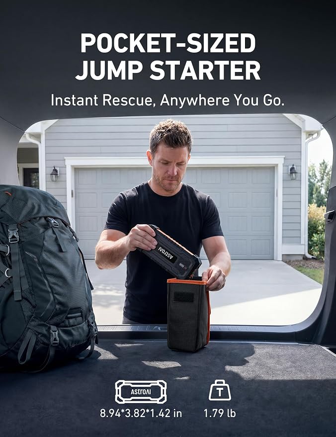 AstroAI S8 Ultra Car Jump Starter, 4000A Safe 12V Battery Booster Pack (All Gas/12L Diesel), Portable Jump Box with Smart Jumper Cables, Type-C/USB, Flashlight, Rugged Protection & Storage Bag, Orange