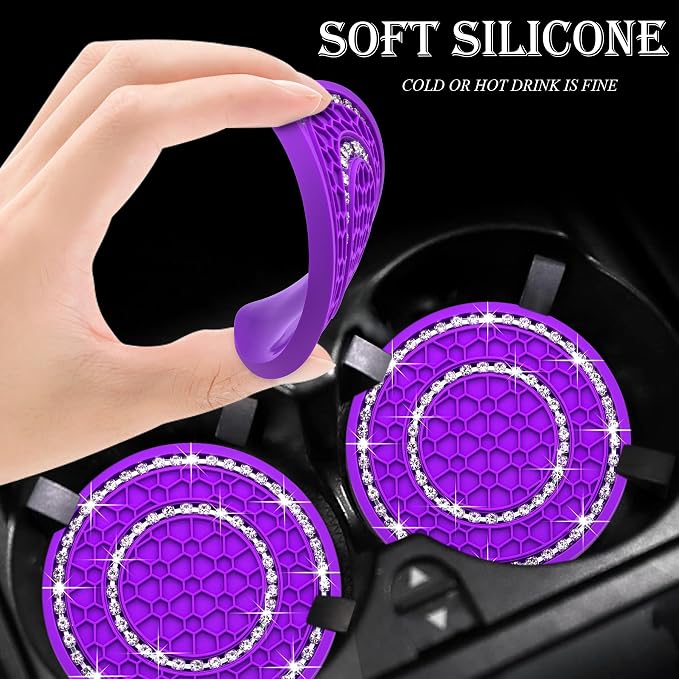 4PCS Bling Crystal Rhinestone Cup Holder Coaster, 2.75 inch Soft Silicone Anti-Slip Shockproof, Car Cup Holder Insert Coasters, Universal Car Interior Accessories for Women (Purple & White)