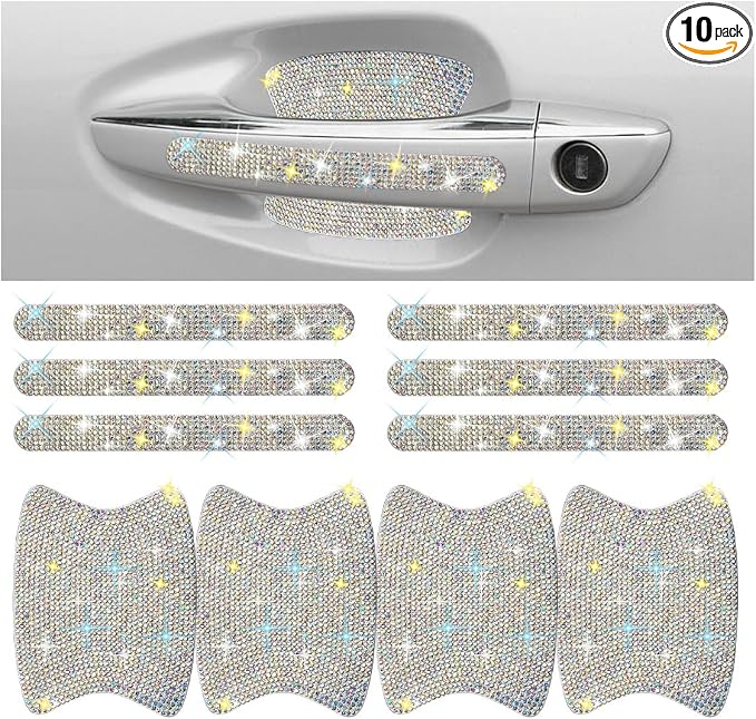 JOYCOURT 10PCS Bling Car Door Handle Anti-Scratch Sticker, Colourful | Universal Car Door Handle Cup Protective Cover, Adhesive Door Bowl Sticker, Shiny Rhinestone Auto Decor Accessories for Women