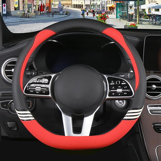 15 inch Cute Leather D Shape Steering Wheel Cover Black Red | Breathable Faux Leather and Carbon Fiber Flat Bottom Car Accessories for Women Men Universal 14.5 inch to 15 inch