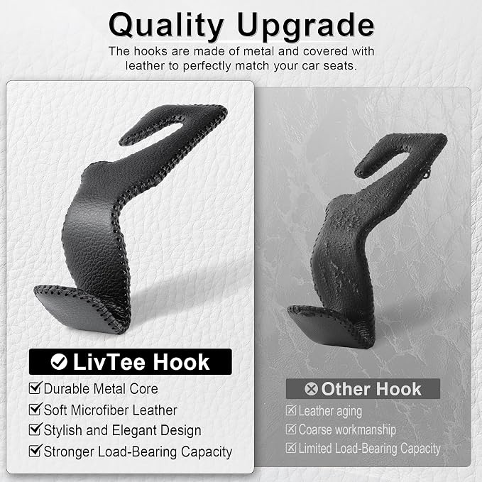 LivTee Black Superior Leather Car Seat Back Headrest Hook, Auto Seat Hook Hangers Interior Accessories for Purse Coats Umbrellas Grocery Bags Handbag, 2-Pack