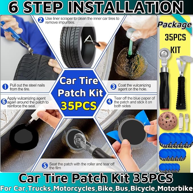 35PCS Flat Tire Repair Kit Car Tire Patch Kit Heavy Duty Tire Repair Tool Car Tire Repair Kit,30pcs Tire Patches 32mm/42mm/58mm with Tire Patch Roller Tire Inner Liner Scraper for Car Motorcycle Bike