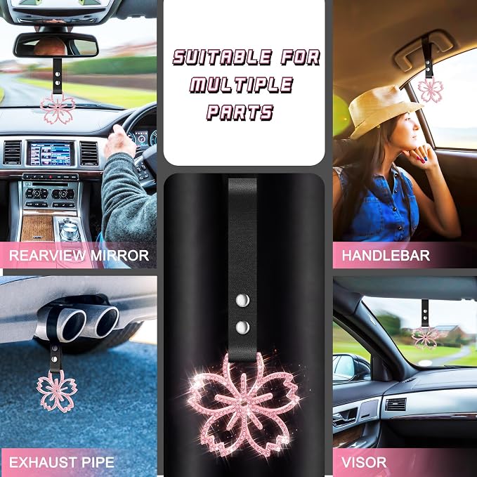 Fabbay Cherry Blossoms Car Handle Strap Drift Charm Car Accessories Bling Handle Ring for Women Rear Bumper Warning Ring Decor for Auto Bus Interior Exterior Decoration (Pink, Sakura Style)