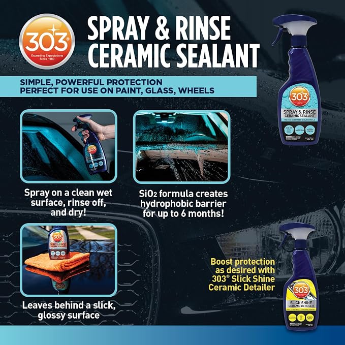 303 Products Spray & Rinse Ceramic Sealant – Quick Ceramic Coating – Water-Activated SiO2 Formula – 6 Months of Protection – Water Repellent Ceramic Spray – Easy to Use – 24 Oz (30264)