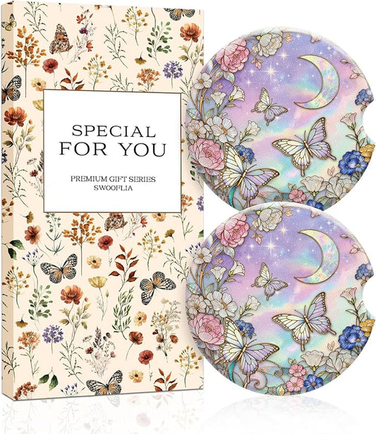 Swooflia 2 Pack Absorbent Ceramic Car Coasters for Women - 2.55 Inch Butterfly Moon Flower Purple Car Cup Holder Coasters with Cork Base, Funny Car Accessories, New Driver Gifts