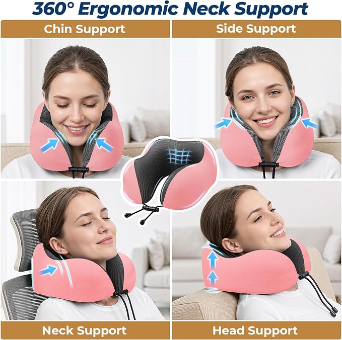 ExploreBliss Travel Pillow, Travel Pillows for Sleeping Airplane, Neck Pillow Airplane, Memory Foam Neck Pillow Set with Eye Mask, Earplugs and Storage Bag -Pink