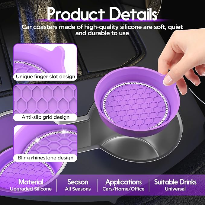 Amooca Car Cup Coaster Universal Non-Slip Cup Holders Bling Crystal Rhinestone Car Interior Accessories 4 Pack Purple