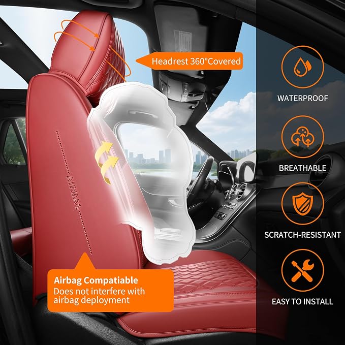 Red High-Density Nappa Leather Automotive Car Seat Covers Full Set | Univerasal Precision Fit,3D Contoured,Waterproof,ThickTexture Nappa Leather,for most Suvs Trucks Sedans