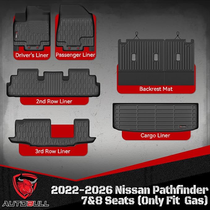 Floor Mats & Cargo Liner for 2022-2025 2026 Nissan Pathfinder 7&8 Seats (Fit Gas), Full Set All Weather Protection 1st,2nd,3rd Row Car Liners,Backrest Mat & Trunk Mat,Black