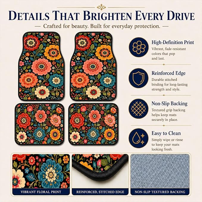 Folk Flower Car Floor Mats Set of 4 Black Botanical Garden Art Car Accessories Foot Mats Rugs, Non-Slip,Decor for Universal Fit for Suvs Sedans Trucks Cars Auto Floor Carpets Rugs All-Weather