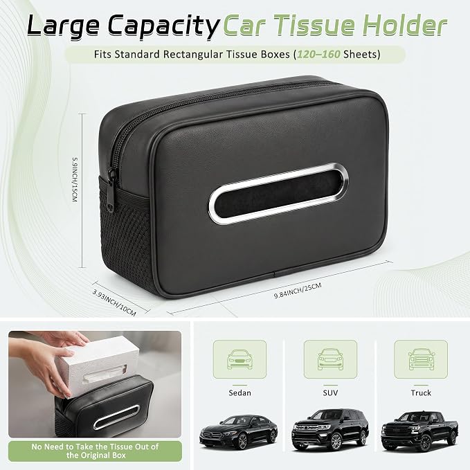 Car Tissue Box Holder PU Leather Car Organizer with Side Storage Pockets | Tissue Box Cover, Fits 120-160 Standard Rectangular Tissue Boxes, Large Capacity Backseat Tissue Organizer for Car SUV Truck