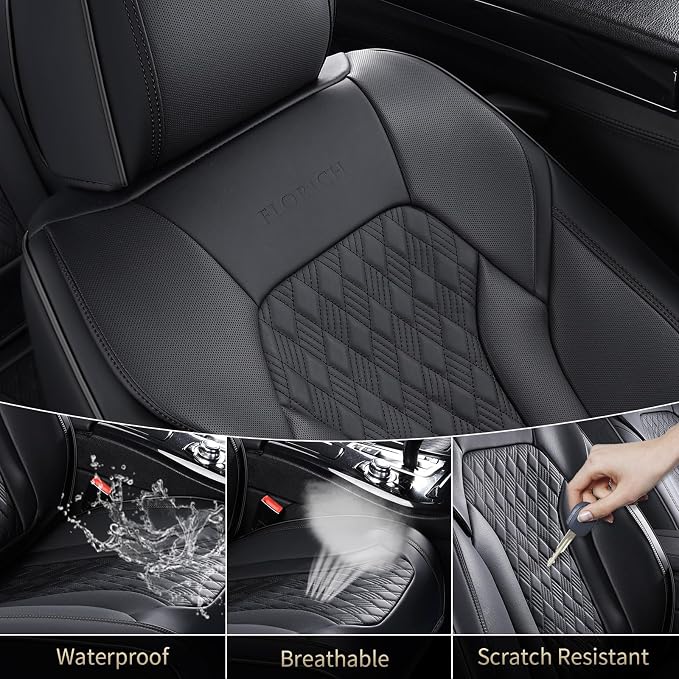 FLORICH Seat Covers, Car Seat Covers Full Set, Luxury Nappa Leather Seat Covers, Breathable and Waterproof Car Seat Protector 5 Seat, Automotive Seat Covers Universal Fit for Most Cars-Black&Beige