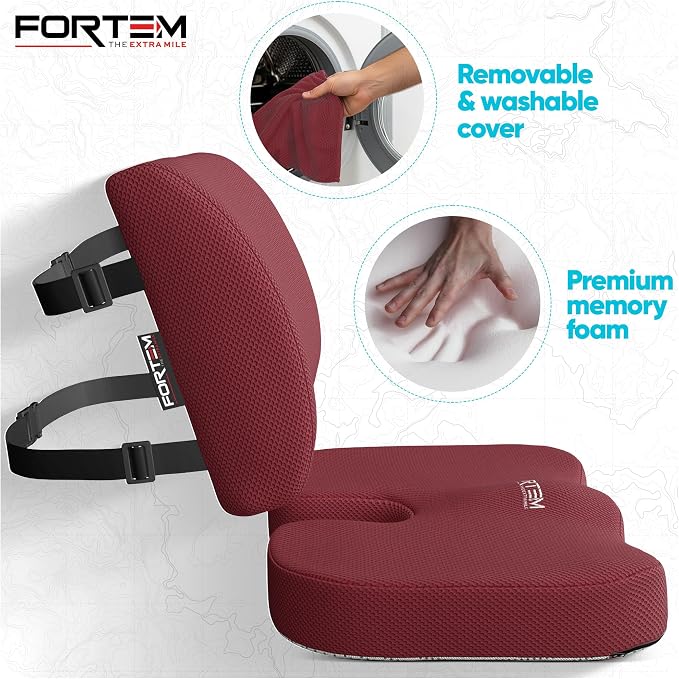 FORTEM Seat Cushion, Office Chair Cushion, Lumbar Support Pillow for Office Chair, Memory Foam Car Seat Cushions, Sciatica Coccyx Tailbone Pain Relief, Cushions for Back Support, Washable, Non Slip XL