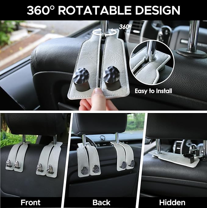Leather Car Purse Hook for Headrest, 2 Pack (Grey-Black) | Twin Hooks Headrest Hangers, 2/4 Pack, No-Slip, Scratch-Proof, Holds Purses, Backpacks, Grocery Bags, Car Organizer Gift