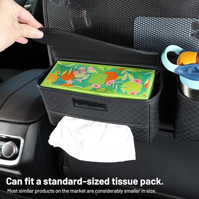Multifunctional Car Seat Back Organizer with Large Tissue Box Holder, Large Water Bottle Storage, Phone Pouch, Kick Mat Protectors for Road Trips. (Black)