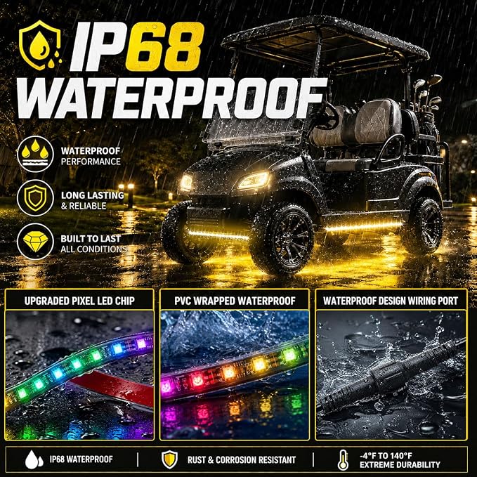 Roykaw Golf Cart Underglow LED Strip Lights Accent Neon Lighting Kit for EZGO Yamaha Club Car, Million Colors/Waterproof IP68/Sync to Music, 12V - 80V Input (No Need Extra Voltage Reducer)