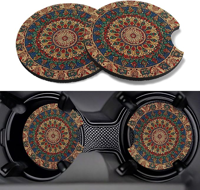 Car Cup Coasters,2 Pack Car Coaster,2.75inch Anti Slip and Absorbent Cars Coasters for Cup Holders,Neopren Accessories for Women,Cute Decor for Women (Bohemia)