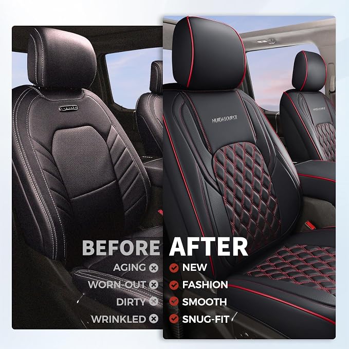 Huidasource Wrangler JK Seat Cover 4 Door, Leather Custom Car Seat Covers, Front&Rear Seat Cushion Protector Fit for Jeep Wrangler JK 4-Door Sahara Sport Rubicon 2007-2017(Full Set/Black&Red)