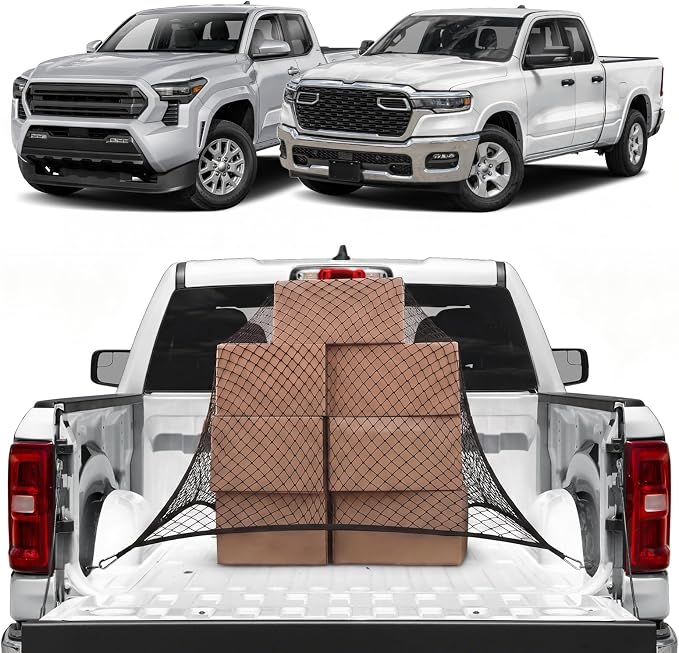 Cargo Net for Silverado/Sierra/Ram 1500, Frontier, Ridgeline, Tacoma/Tundra | Heavy Duty Truck Bed Organizer, Highly Elastic Tailgate Net with Carabiners, Weatherproof Mesh Cover with Attached Zipper Bag